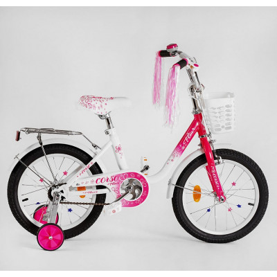 Велосипед 16" дюймів 2-х колісний "CORSO Fleur" FL-16708 (1) U-подібна сталева рама, ручні гальма, кошик, прикраси, зібраний на 75%