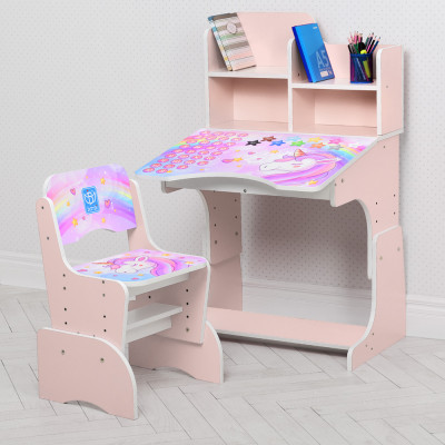 Дитяча парта з полицями та стільцем Vivast W 2071 - Єдинороги, рожевий (42-5)