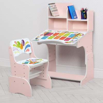 Дитяча парта з полицями та стільцем Vivast W 2071 - Шарики, рожевий (105-7)