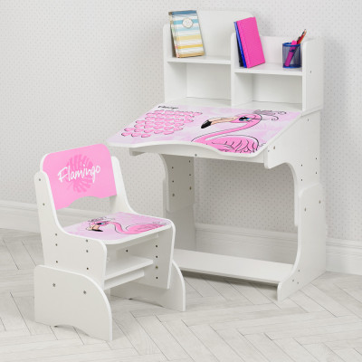 Дитяча парта з полицями та стільцем Vivast W 2071 - Flamingo, білий (74-2)