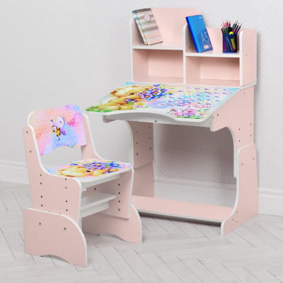 Дитяча парта з полицями та стільцем Vivast W 2071 - Бджілка, рожевий (54-6)