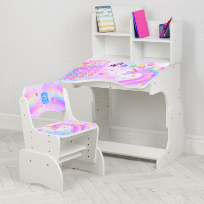 Дитяча парта з полицями та стільцем Vivast W 2071 - Єдинороги, білий (42-1)