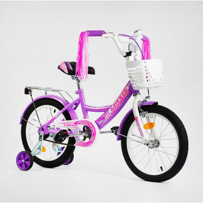 Велосипед 16" дюймів 2-х кільк. "CORSO" MAXIS CL-16235 (1) кошик, ручне гальмо, дзвіночок, сидіння з ручкою, додаткові колеса, ЗІБРАНИЙ НА 75% в коробц - Фіолетовий (CL-16093)