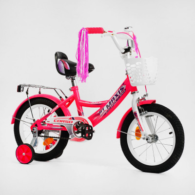 Велосипед 14" дюймів 2-х колісний "CORSO" MAXIS  ручне гальмо, дзвіночок, сидіння з ручкою, додаткові колеса, ЗІБРАНИЙ НА 75%, в коробці - Червоний (CL-14701)