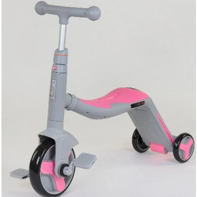 Самокат 3в1  Best Scooter, самокат-велобіг-велосипед, світло, 8 мелодій, колеса PU, переднє колесо d = 20см, задні d = 11см - Рожевий (JT 90601)