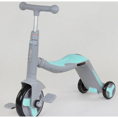 Самокат 3в1  Best Scooter, самокат-велобіг-велосипед, світло, 8 мелодій, колеса PU, переднє колесо d = 20см, задні d = 11см - Бірюзовий (JT 10181)