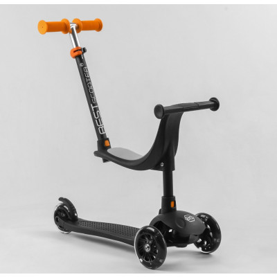 Самокат триколісний Best Scooter  колеса PU зі світлом, сидіння, батьківська ручка, в коробці - Чорний (PL-209)