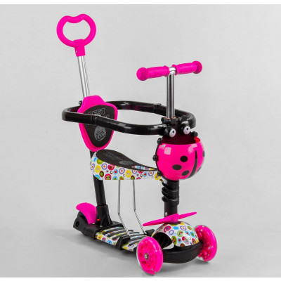 Самокат 5в1 Best Scooter, АБСТРАКЦІЯ, із захисним бампером, PU колеса, ПІДСВІЧУВАННЯ КОЛІС - Рожевий (S 6106)