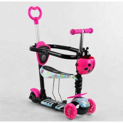 Самокат 5в1 Best Scooter, АБСТРАКЦІЯ, із захисним бампером, PU колеса, ПІДСВІЧУВАННЯ КОЛІС - Рожевий (S 4101)