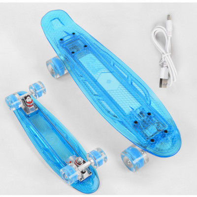 Скейт Пенні борд S-60355 Best Board (6) прозора дека зі світлом, колеса PU зі світлом, зарядка USB - Блакитний (S-20855)