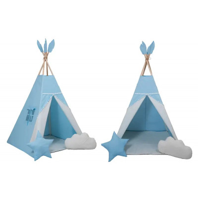 Вігвам з сіткою та помпончиками + 2 подушки + фіксатор - Молочно-голубий