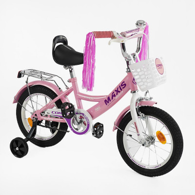Велосипед 14" дюймів 2-х колісний CORSO MAXIS  ручне гальмо, дзвіночок, сидіння з ручкою, додаткові колеса, ЗІБРАНИЙ НА 75%, в коробці - CL-14030