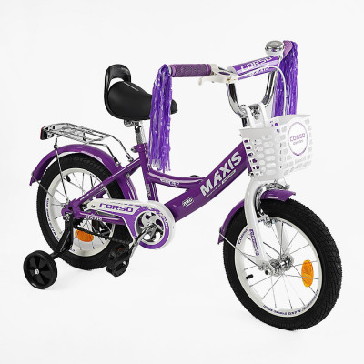 Велосипед 14" дюймів 2-х колісний CORSO MAXIS  ручне гальмо, дзвіночок, сидіння з ручкою, додаткові колеса, ЗІБРАНИЙ НА 75%, в коробці - CL-14560