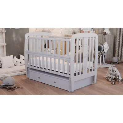 Дитяче ліжечко  ДУБОК Друзі з ящиком, маятник відкидною боковиною - Сірий