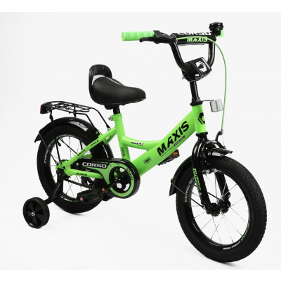 Велосипед 14" дюймів 2-х колісний CORSO MAXIS  ручне гальмо, дзвіночок, сидіння з ручкою, додаткові колеса, ЗІБРАНИЙ НА 75%, в коробці - MX-19800