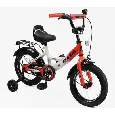 Велосипед 14" дюймів 2-х колісний CORSO MAXIS  ручне гальмо, дзвіночок, сидіння з ручкою, додаткові колеса, ЗІБРАНИЙ НА 75%, в коробці - MX-73569