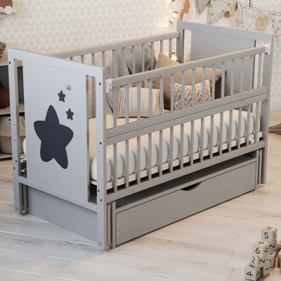 Ліжечко Зірочка  маятник, ящик, відкидна боковина, бук - Сіре